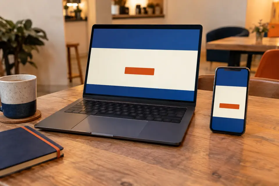Página web de un negocio vista en un notebook y en un celular
