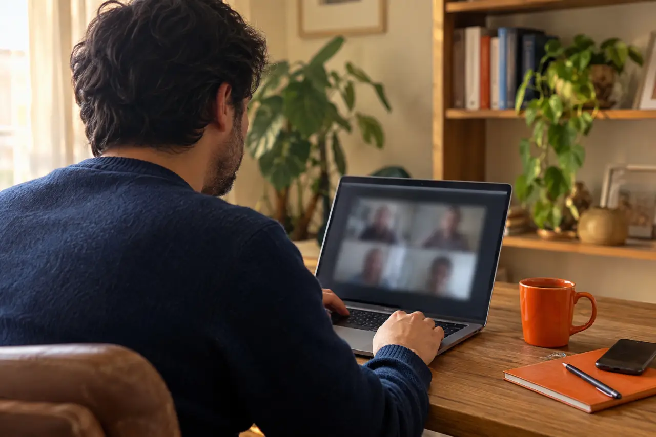 Emprendedor en una videollamada de asesoría desde su casa