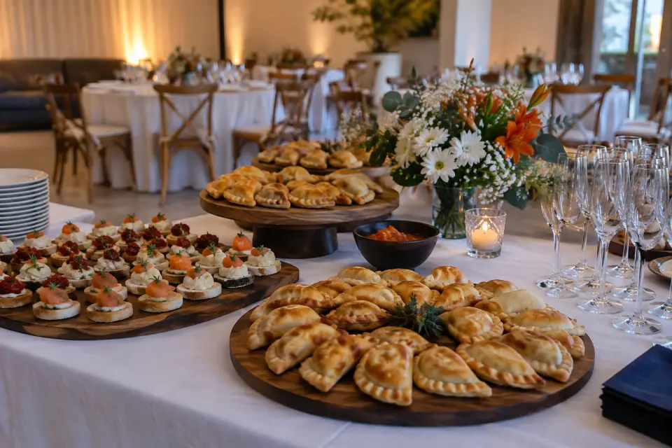 Mesa de coctel con empanaditas y canapés lista para un evento