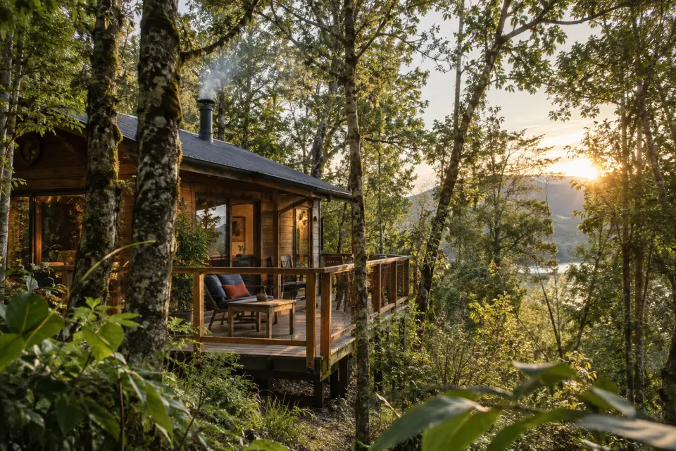 Cabaña de madera con terraza en un bosque del sur de Chile