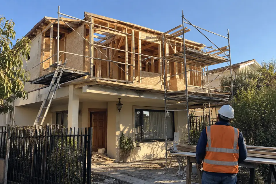 Ampliación de una casa con andamio y un maestro con casco