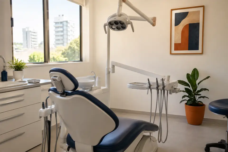 Consulta dental luminosa con el sillón listo para el próximo paciente