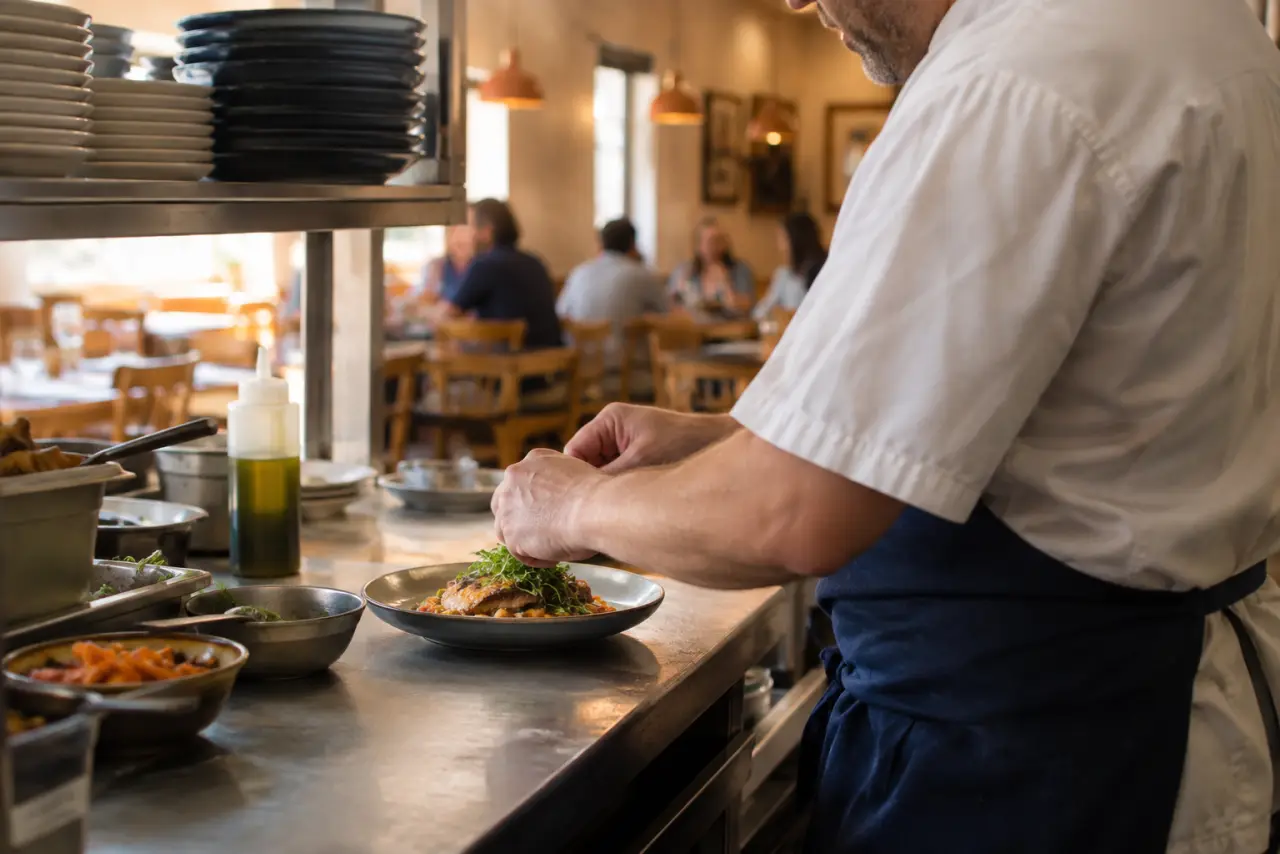 Cocinero emplatando en la cocina abierta de un restaurante de barrio