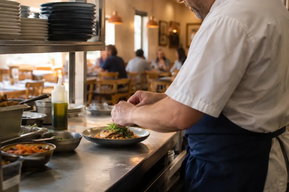 Cocinero emplatando en la cocina abierta de un restaurante de barrio