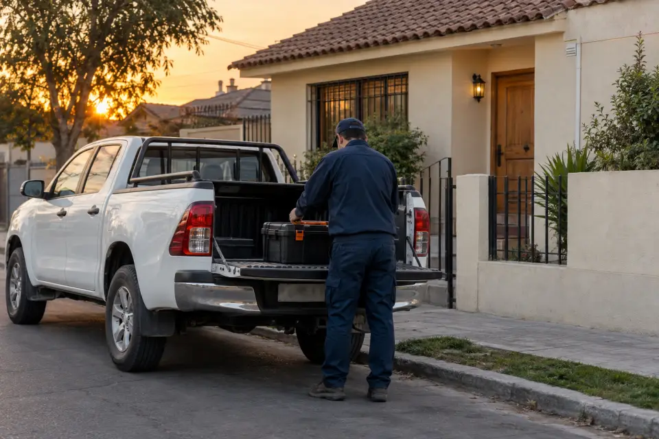 Técnico sacando su caja de herramientas de una camioneta frente a una casa
